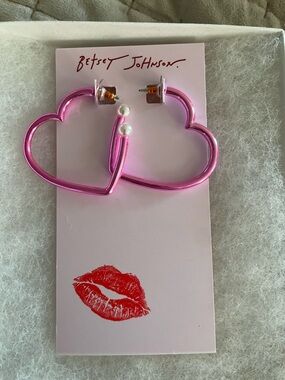 Betsey Johnson Metallic Hot Pink Heart Hoop Earrings with Pearl Tips